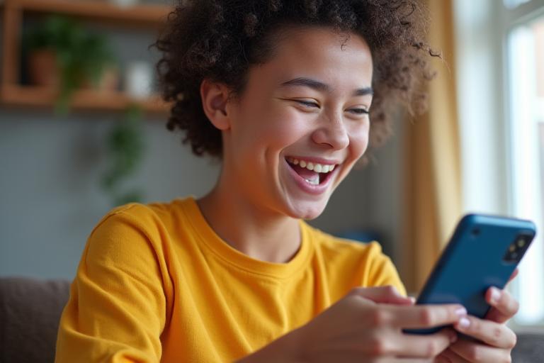 スマートフォンで宝くじの結果を確認して喜ぶ若者